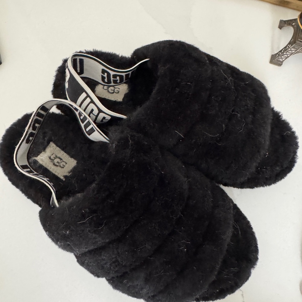 UGG Black Fuzzy Slippers